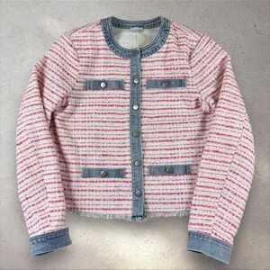 ECRU Boucle Tweed Blazer Size M Pink With Denim Trimmed Jacket Coat Sz M